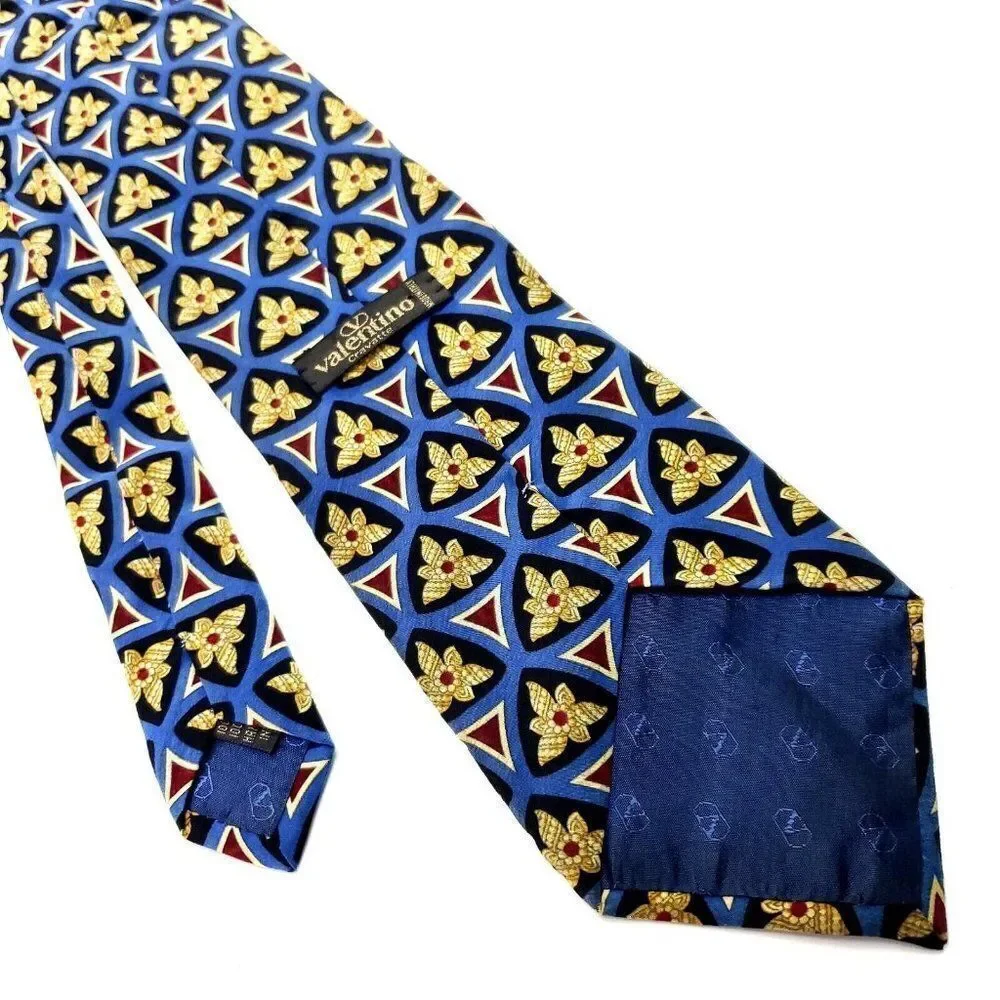Valentino Blue & Beige Silk Tie Woven‎ Wide Geometric